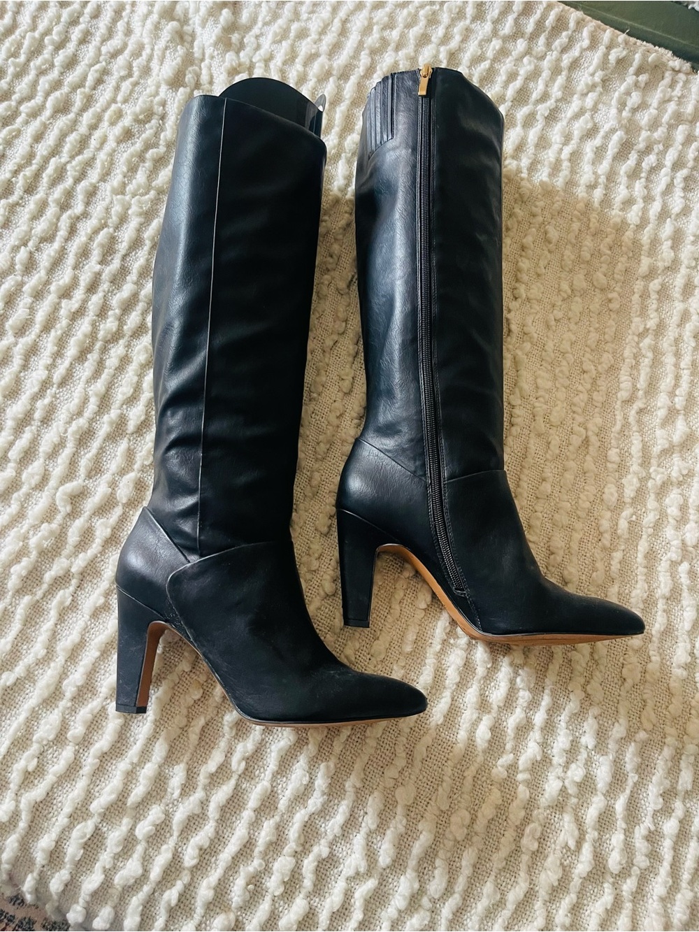 Franco Sarto Black Leather Knee-High Heeled Boots - Classic Women’s Dress Boots